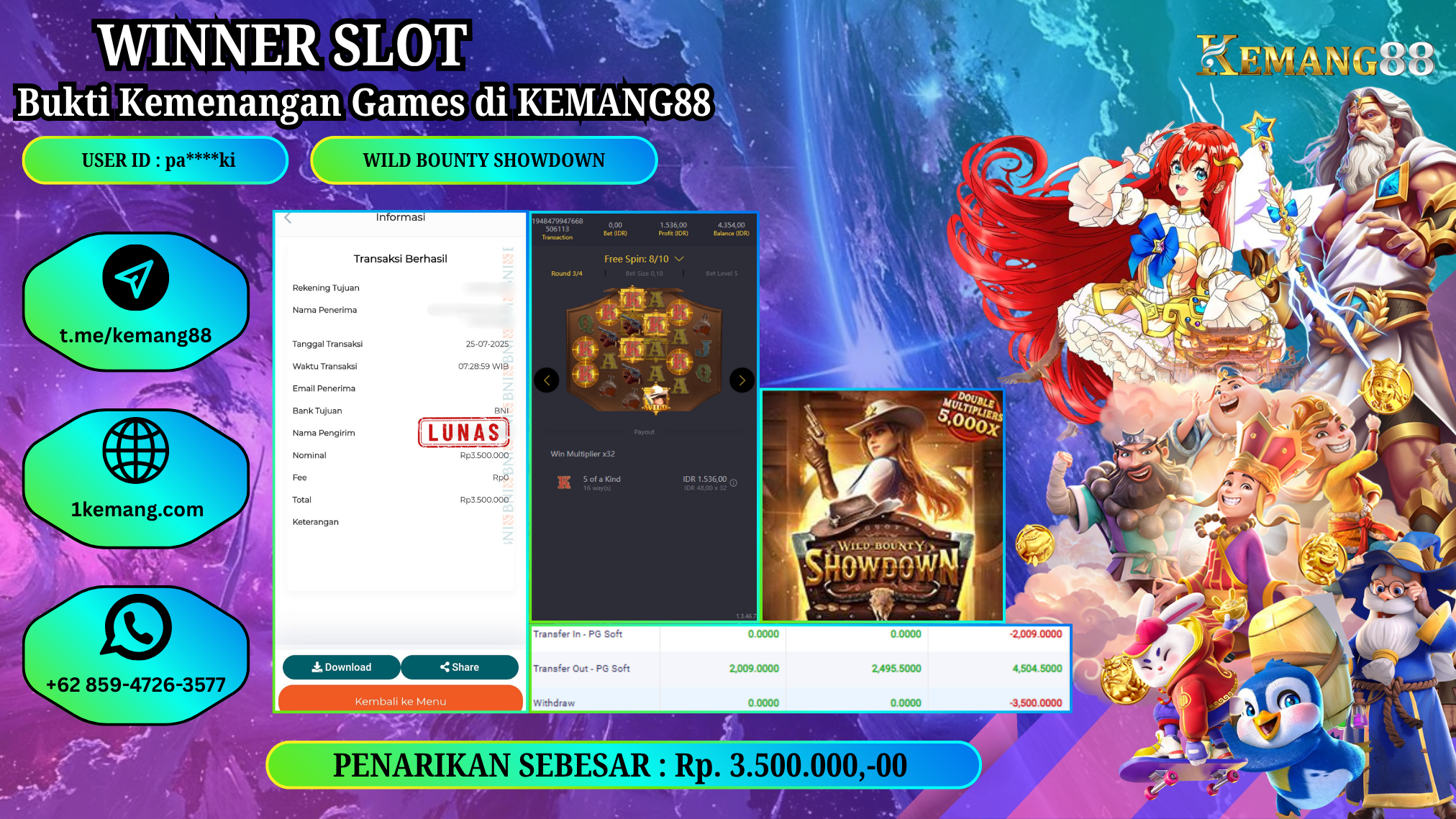 KEMANG88 [25 JULY 2025] : JACKPOT SLOT :  WILD BOUNTY SHOWDOWN [PG]  Rp.3.500.000.,- LUNAS
